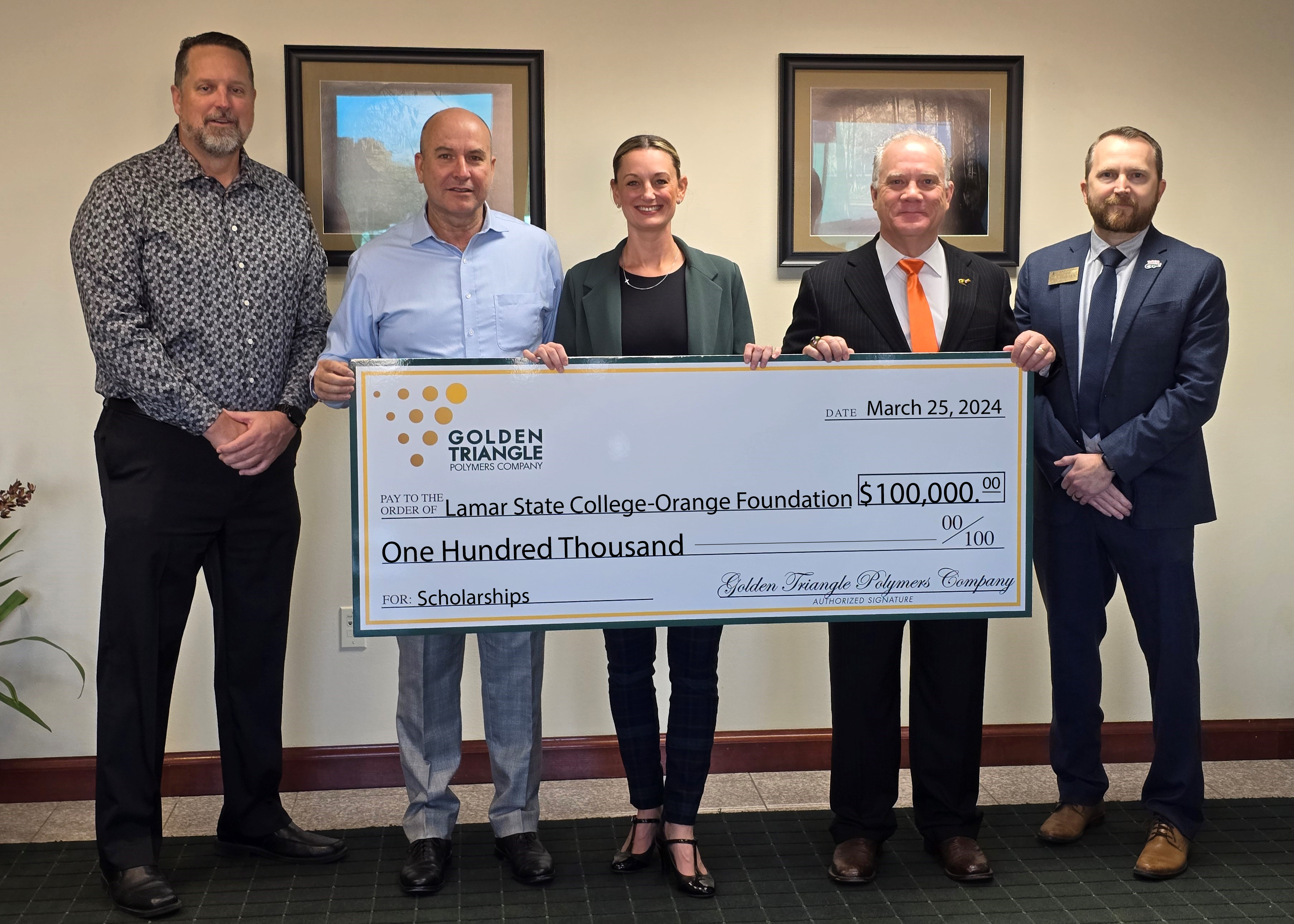  Golden Triangle Polymers donates $100,000 to Lamar State College-Orange Foundation for student scholarship program 