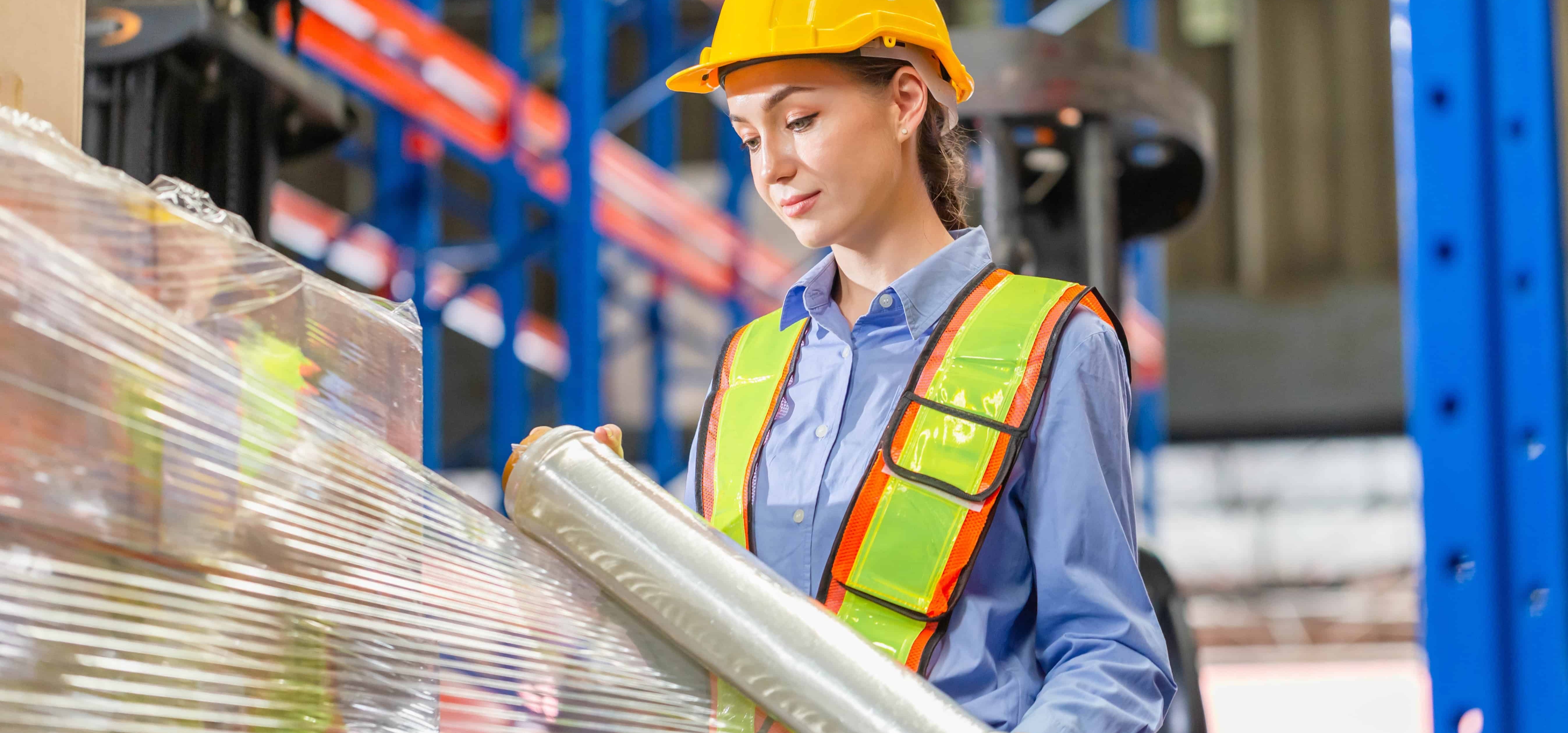 Woman wraps pallet for shipping